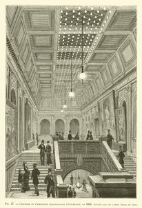 La escalera de la Exposición Internacional de Electricidad, en 1881, iluminada por las lámparas de Edison y Swan de French School
